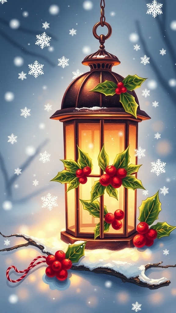 Christmas Lantern Drawing Guide A festive Christmas lantern drawing with holly and snowflakes, glowing in a winter scene.
